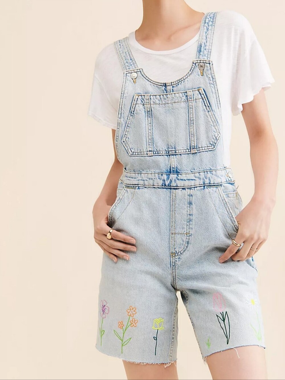 Free People Re Nuuly Series Light Wash Denim Short Overalls Embroidered Flowers